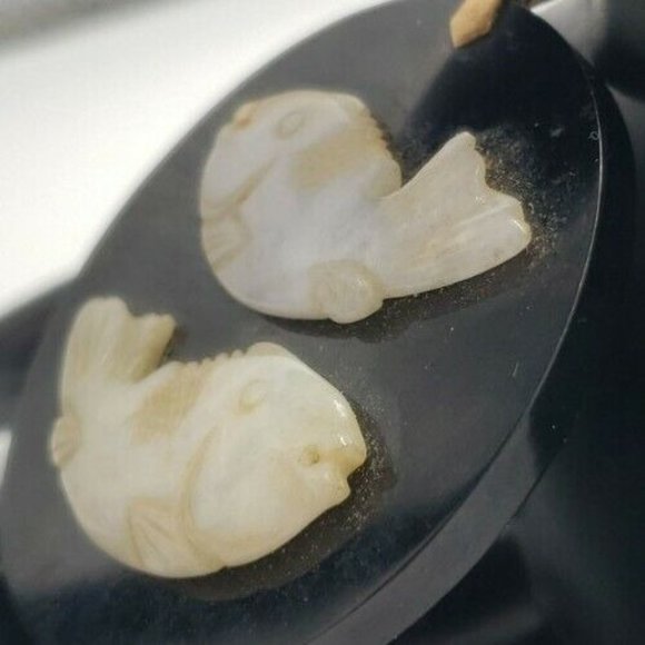 OOAK Green Carved Fish Jadeite Jade Black Onyx Round 14K Yellow Gold Pendant - Picture 9 of 12